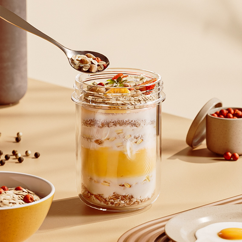 Breakfast Cup Sealed Overnight Yogurt Cup Overnight Oatmeal Cup 430ml Portable Glass Salad Jar Milk Tea Cup with Spoon