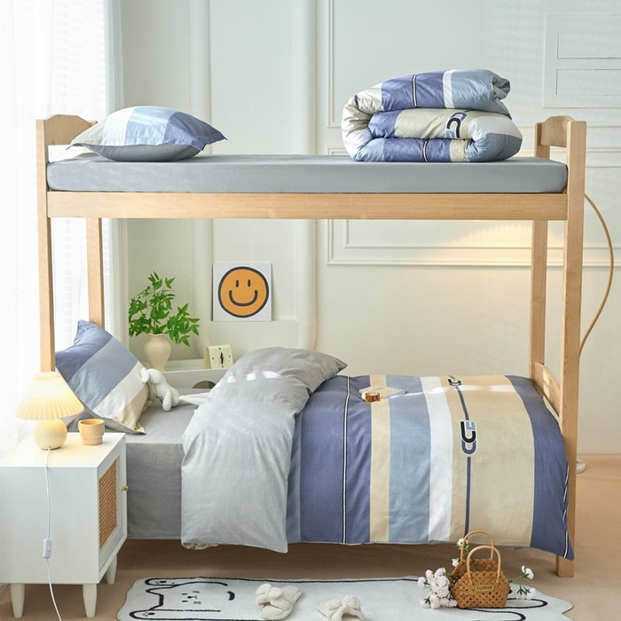 Fresh and Simple All-Cotton Student Dormitory Bunk Bed Three-Piece Set, Pure Cotton Six-Piece Set of Bed Sheet and Duvet Cover for School