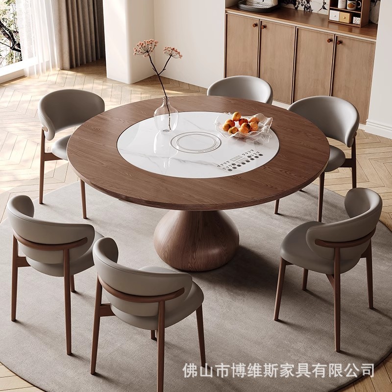Medieval Style Solid Wood Dining Table for Home Use, Large and Small Sizes, with Induction Cooker, Warming Dish Turntable, Round Living Room, Retro Dining Table