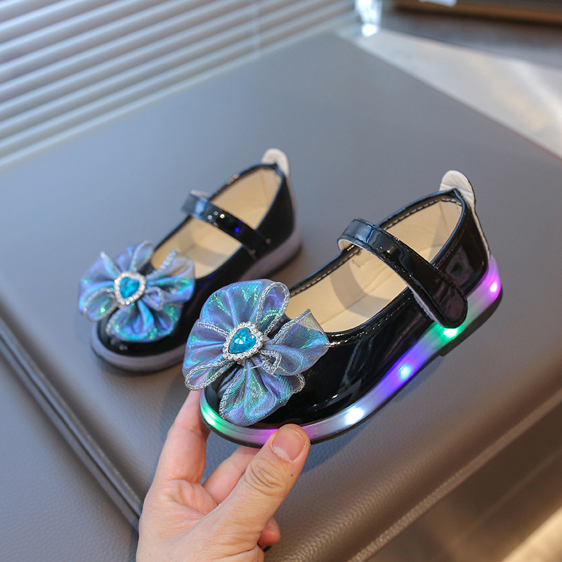 2025 Spring New Girls Princess Shoes Bow Rhinestone Lighting Shoes Princess Leather Shoes Girls Shoes