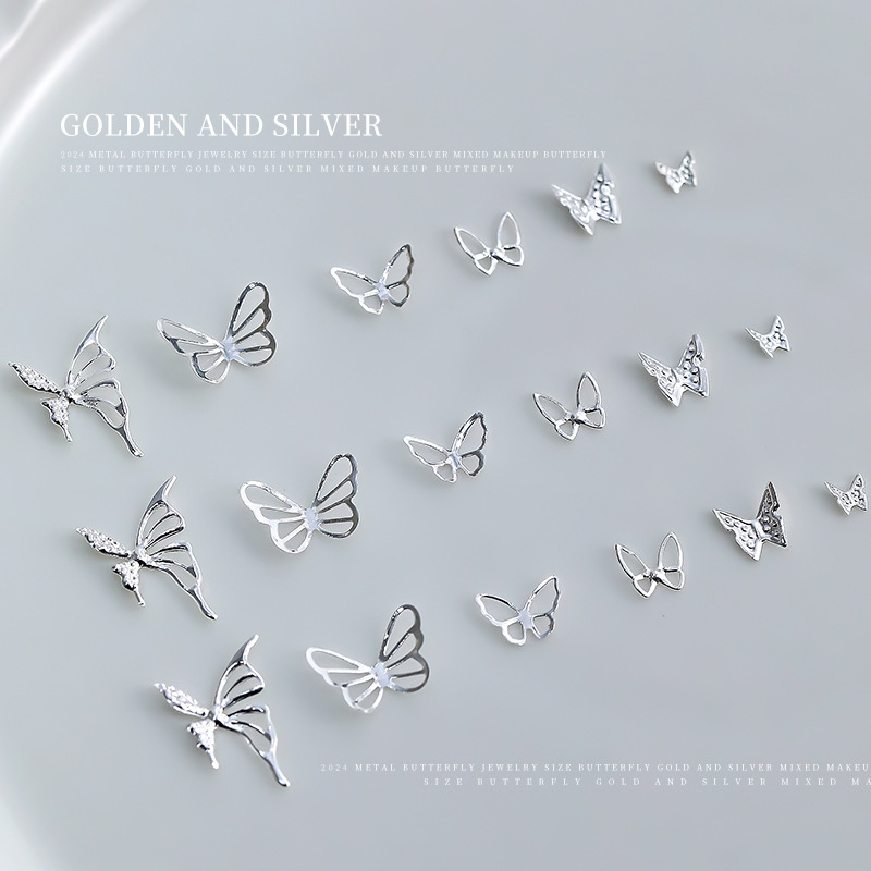 Nail art accessories gold silver size alloy butterfly three-dimensional light luxury hollow shaped all-match nail art accessories wholesale
