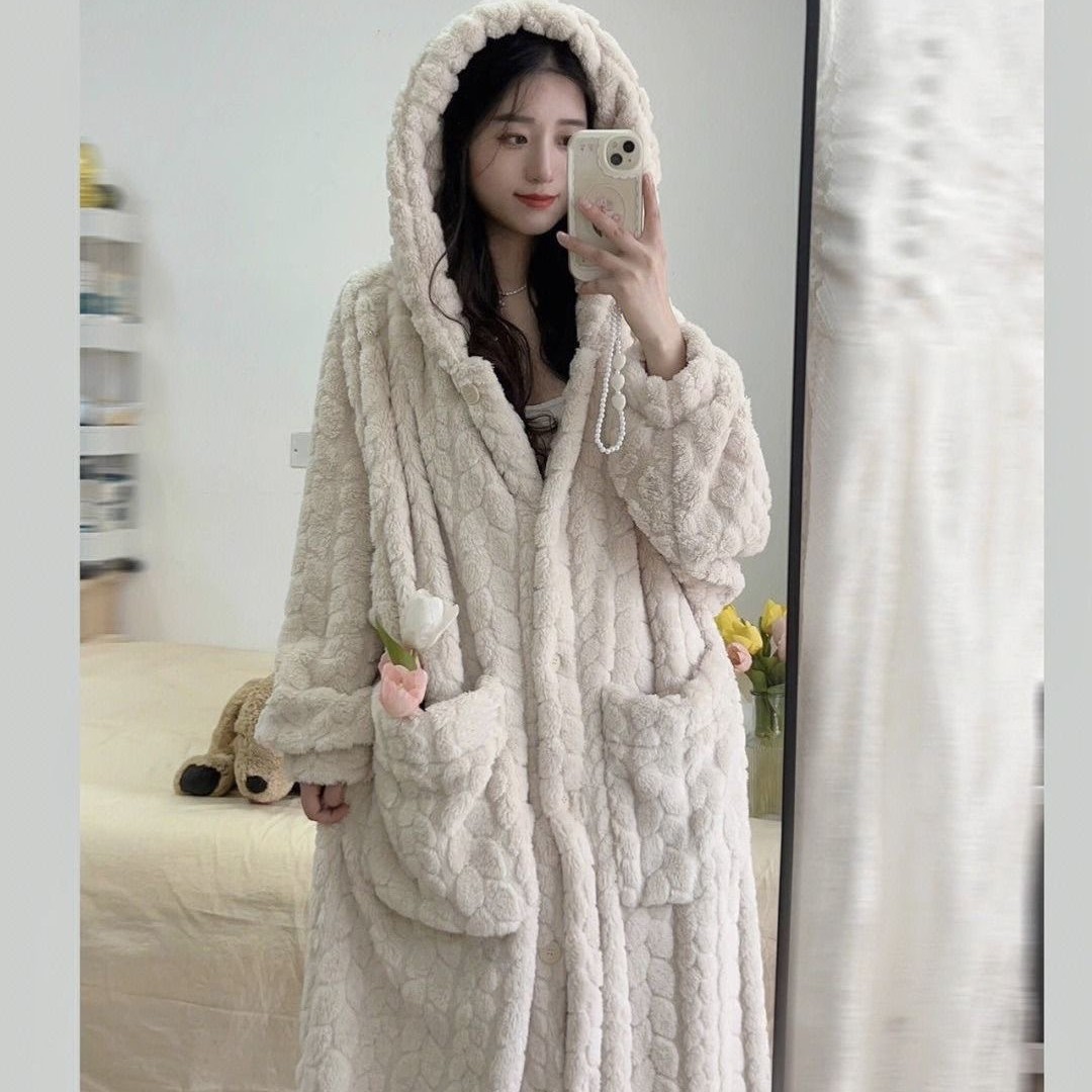Cute Little Hamster Pajamas Women's Autumn and Winter Coral Fleece Thickened Long Flannel Student Hooded Winter Nightgown Women