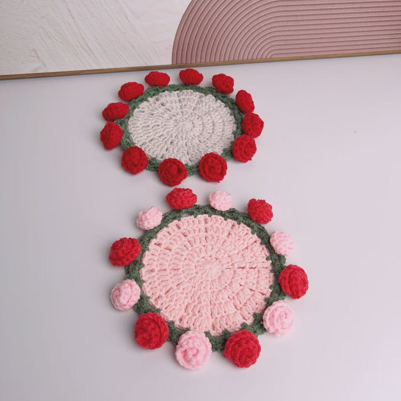 Finished Handmade Rose Bouquet Coaster Wool Crochet Cup Change Hand-held Bouquet Creative Gift Woven Flower Coaster