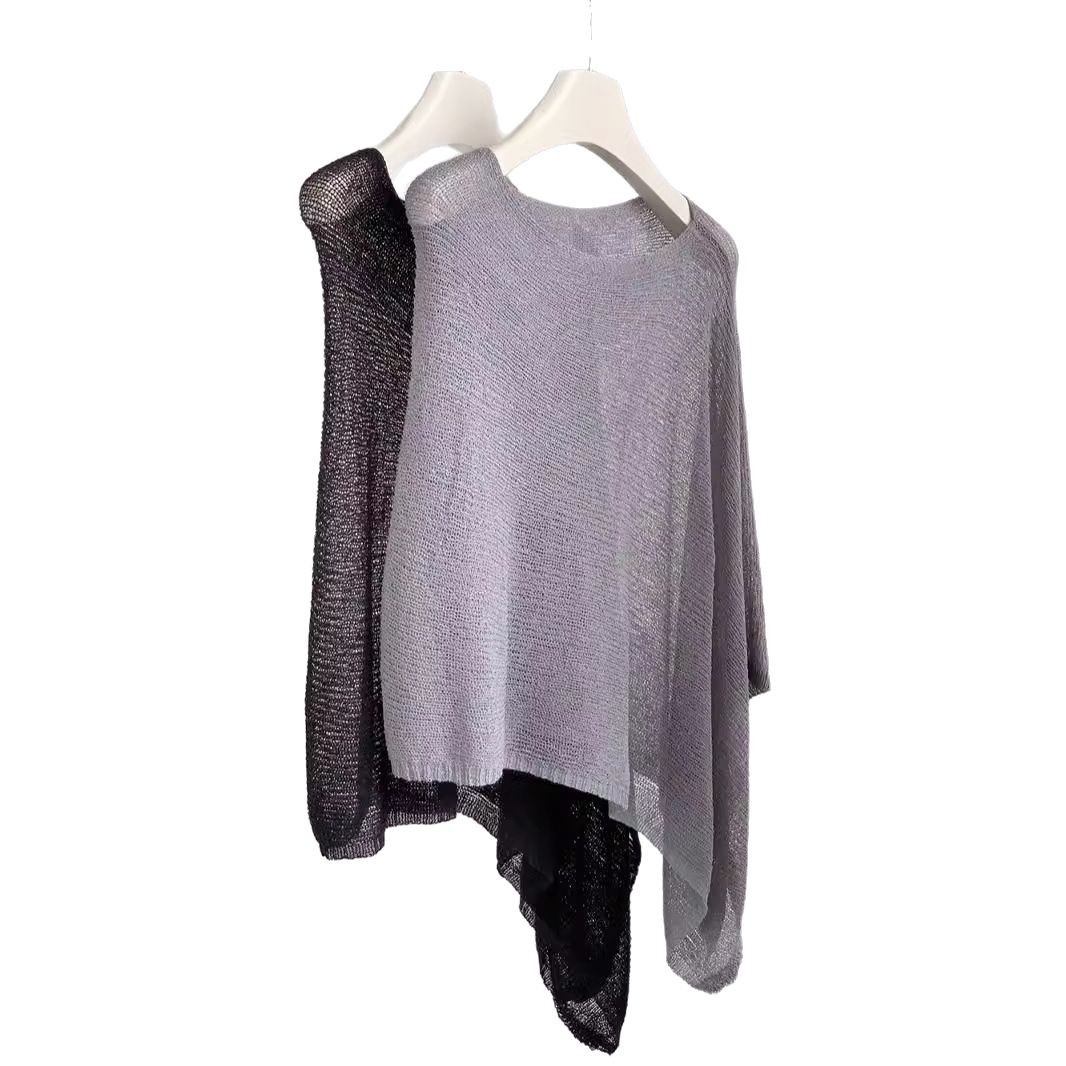 Lazy Style Pullover Irregular Loose Cloak Slant Shoulder Knitted 2025 New Summer Thin Sunscreen Blouse Top
