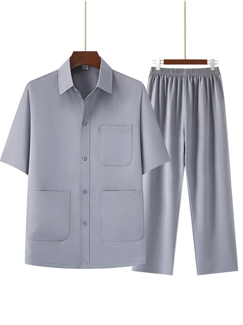 Middle-Aged and Elderly Dad's New Textured Two-Piece Top, Lapel Shirt, Elastic Band Pants, Thin Summer Short-Sleeved Suit