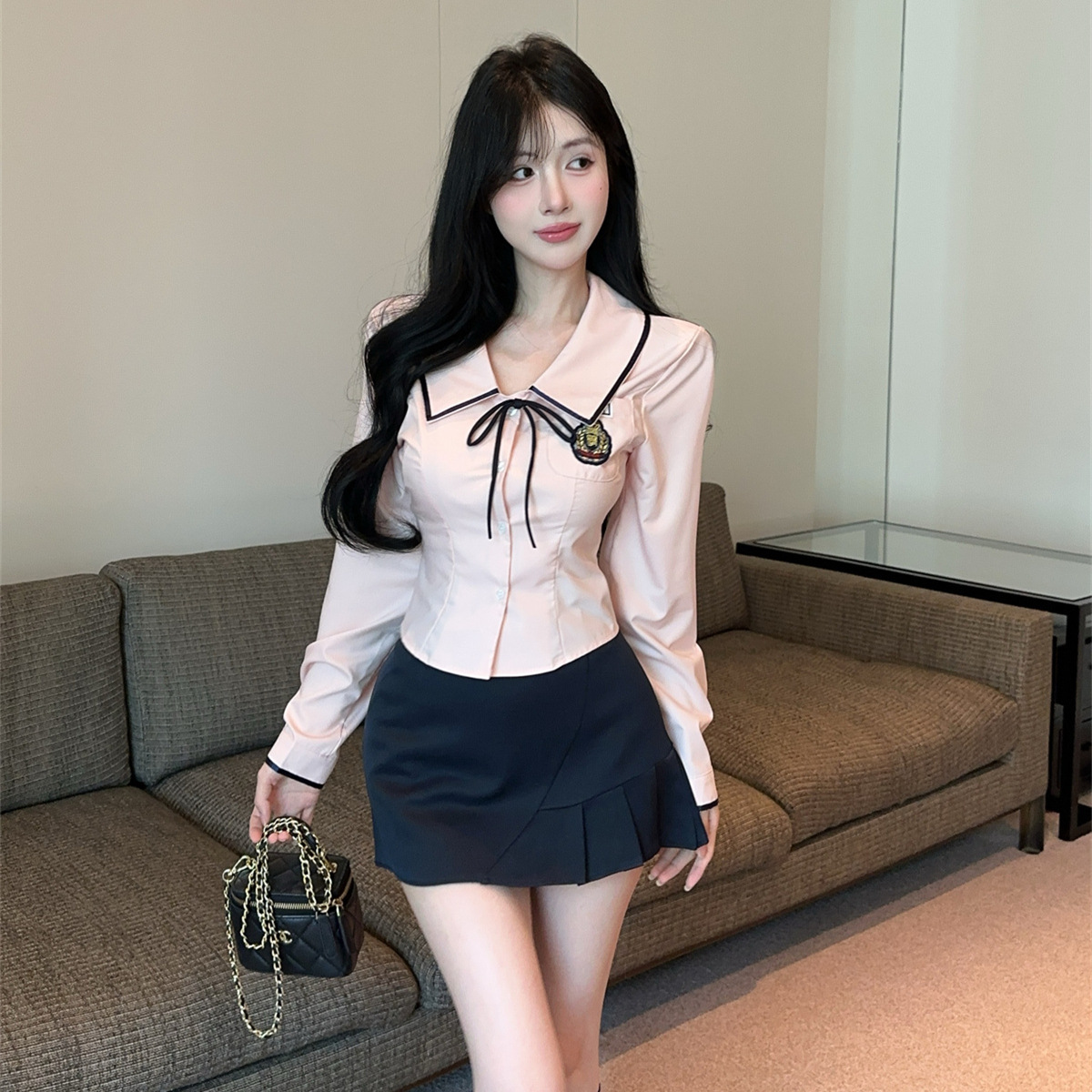 Korean Jk Uniform Preppy Style Suit for Women Summer Sweet Sexy Waist Short-Sleeved Pink Shirt Pleated Skirt Two-Piece Set