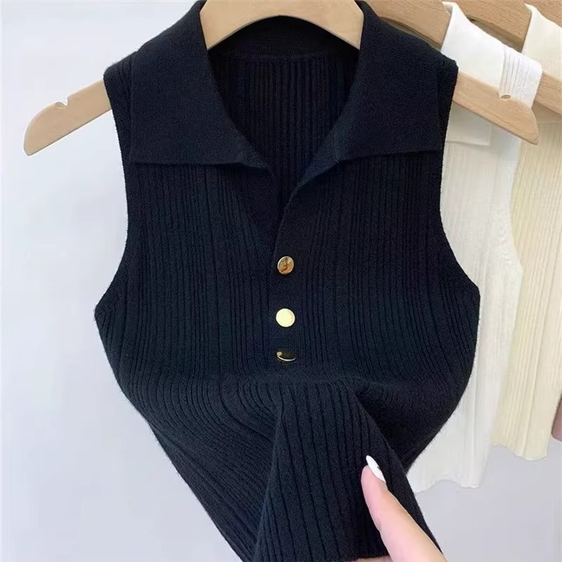 Ice Silk Lapel Top for Summer and Autumn, Thin Knit Polo Sleeveless Camisole Vest for Women, Slim Fit