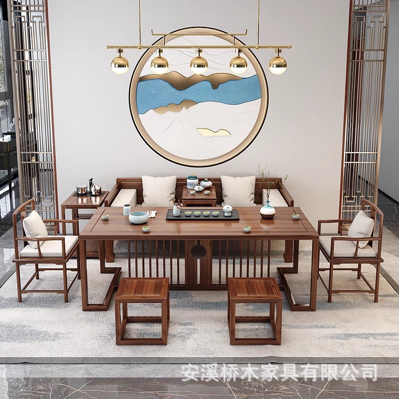 New Chinese Style Solid Wood Tea Table and Chair Combination Office Reception Negotiation Tea Table Home Coffee Table Reception Large Tea Table