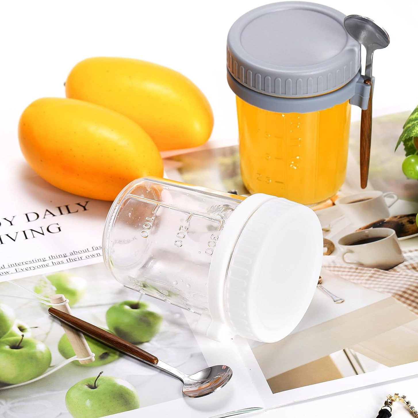 Overnight Oatmeal Cup Yogurt 12oz Breakfast Cup Mason Cup Milk Glass with Spoon and Lid Graded Salad Cup