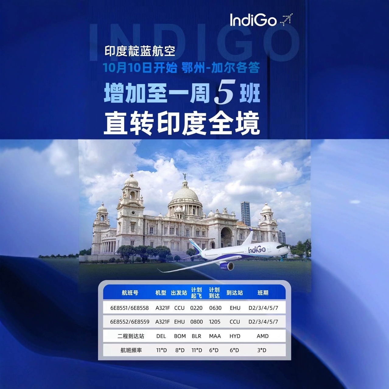 Международные авиаперевозки Indigo Airlines из Индии, прямой рейс из Эчжоу в Калькутту и по всей Индии 18824186321