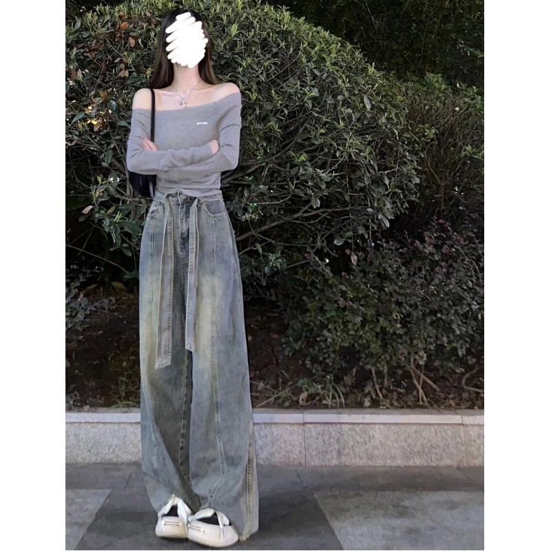 Ностальгические синие джинсы с высокой талией и широкими штанинами для женщин 2023 ранняя осень Новые свободные высокие широкие джинсы с эффектом потертости