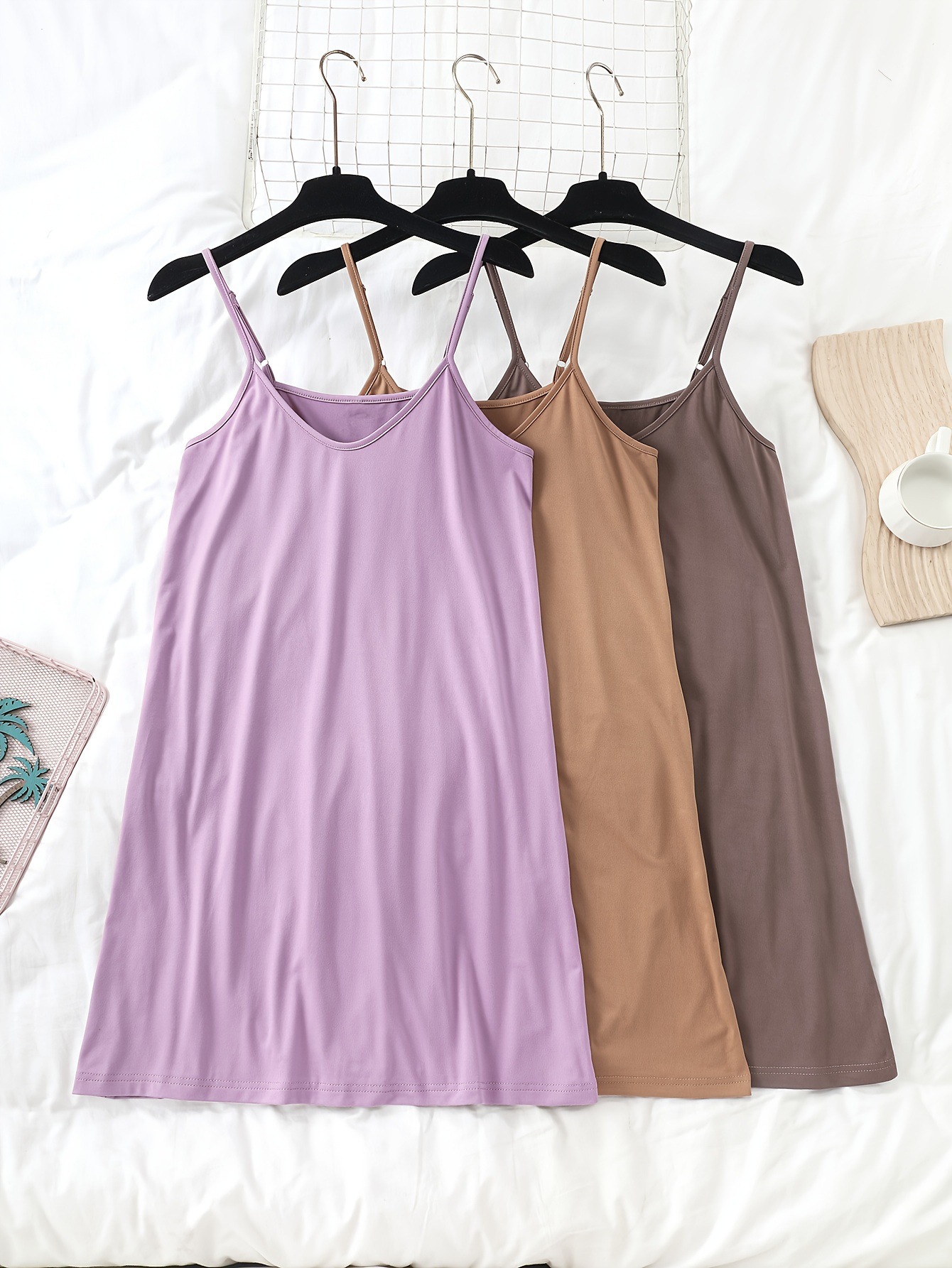 3Pcs Simple Solid Nightdress, Crew Neck Spaghetti Strap