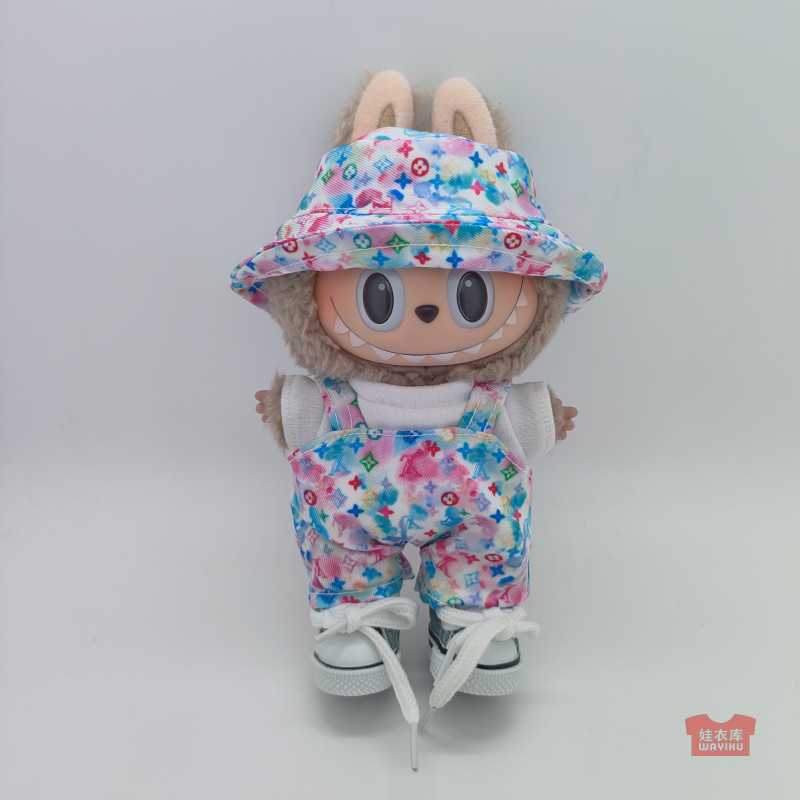 Labubu Doll Clothes, Fisherman Hat, Overalls, 17cm Macaron Sitting Pendant, First and Second Generation