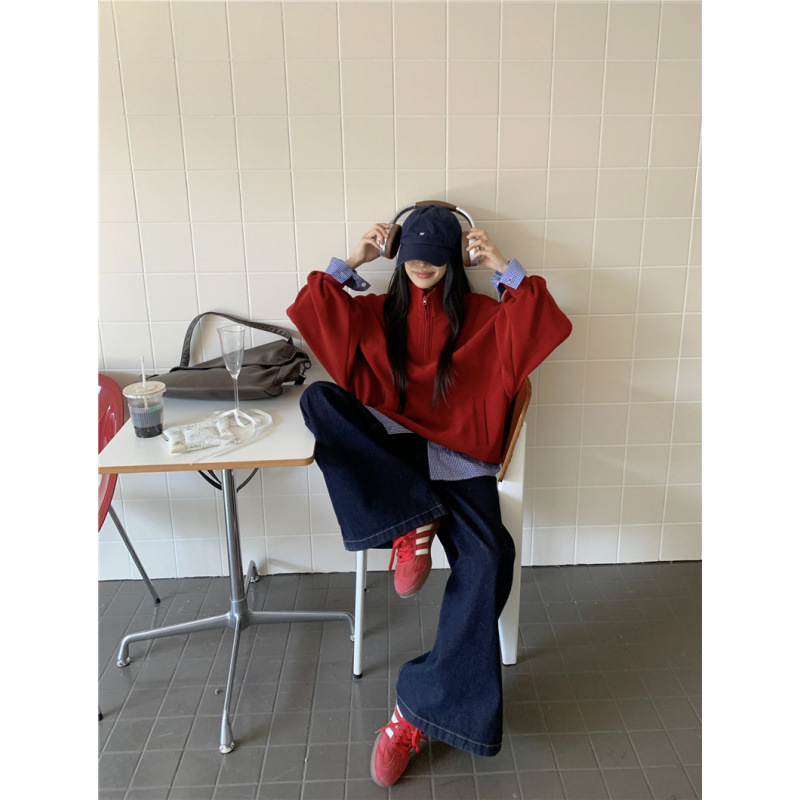 Real shot real price minimalist heavyweight half zipper stand collar loose thick thin all-match pullover sweater