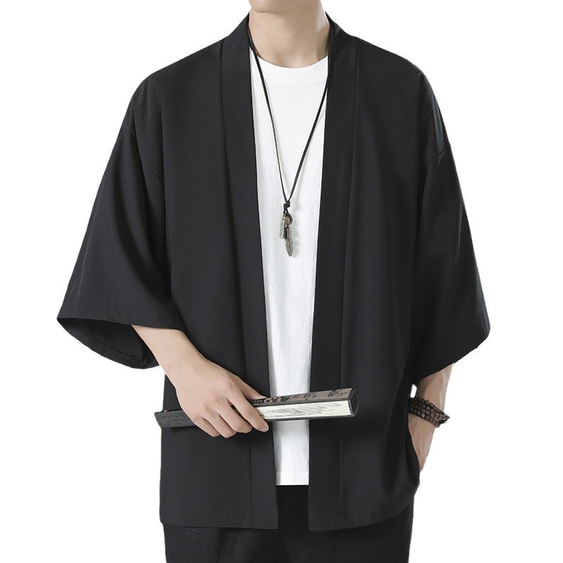 Chinese Style Hanfu Cardigan Jacket Men's Large Size Loose Taoist Robe Antique Zen Clothing Summer Ice Silk Sunscreen Kimono