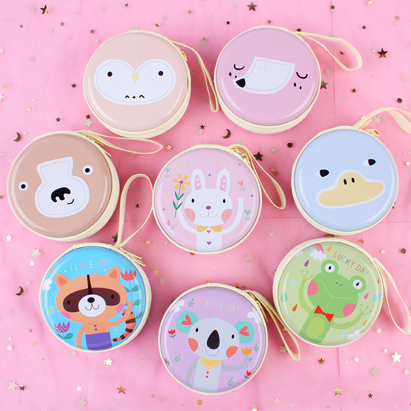 K-Style of Christmas and New Year Tinplate Storage Box Iron Round Coin Purse Cartoon Animal Mini Key Headphone Bag