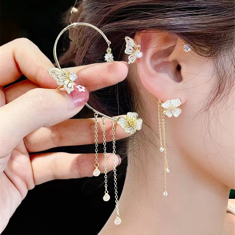 Shake the sound of the new simple fashion super flash diamond butterfly flowers ladies without earholes tassel earrings wholesale