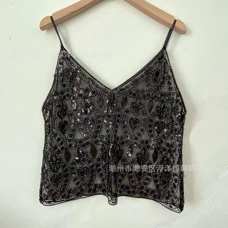 Niche Summer Women's Heavy-Duty Sequined Beaded Sling with Sexy Slimming Look Short V Neck Vest with a Sense of Design and Pure Lust Style