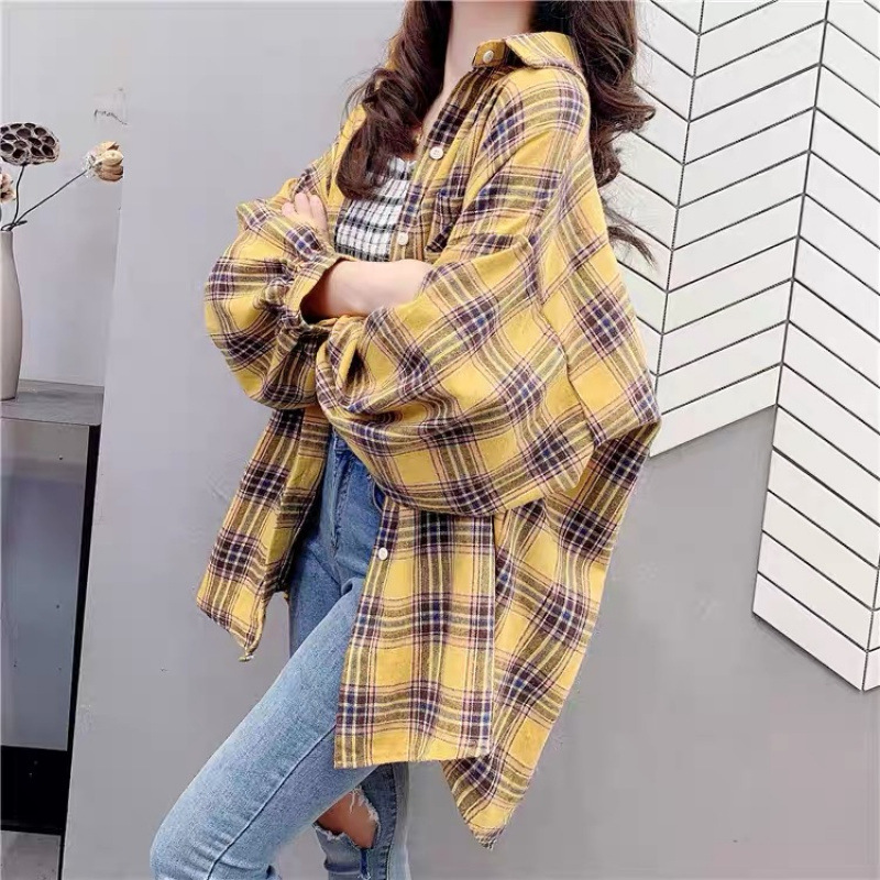 Spring and Autumn Coat 2023 New Arrival Plaid Shirt Women's Sanding Long-Sleeved Loose Sunscreen Shirt Retro Hong Kong Style All-Match Shirt