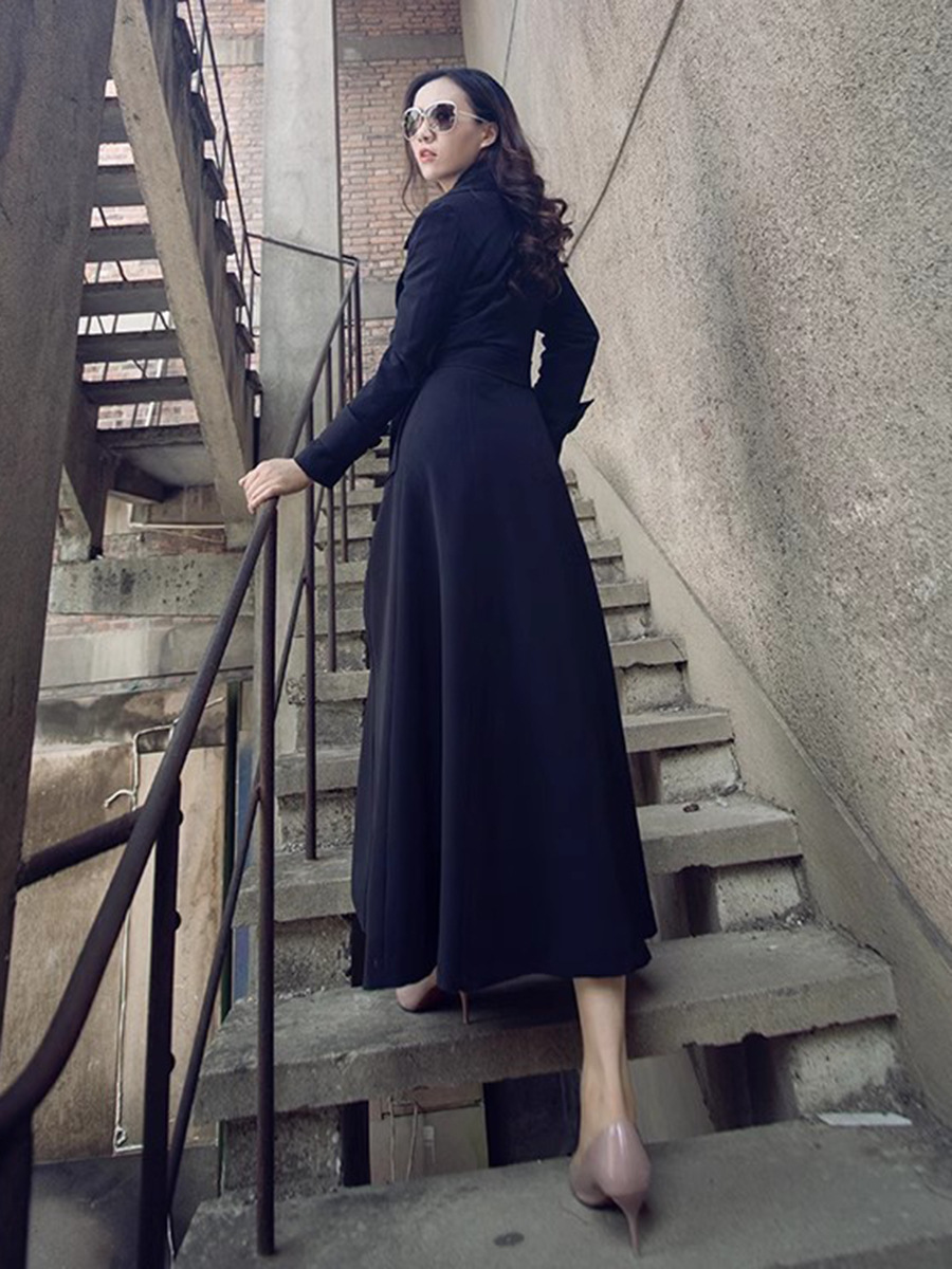 2025 Spring and Autumn Over-The-Knee Trench Coat Slim Fit Elegant Extra-Long Lace-Up Lapel Trench Coat Jacket Plus Size Slimming Waist