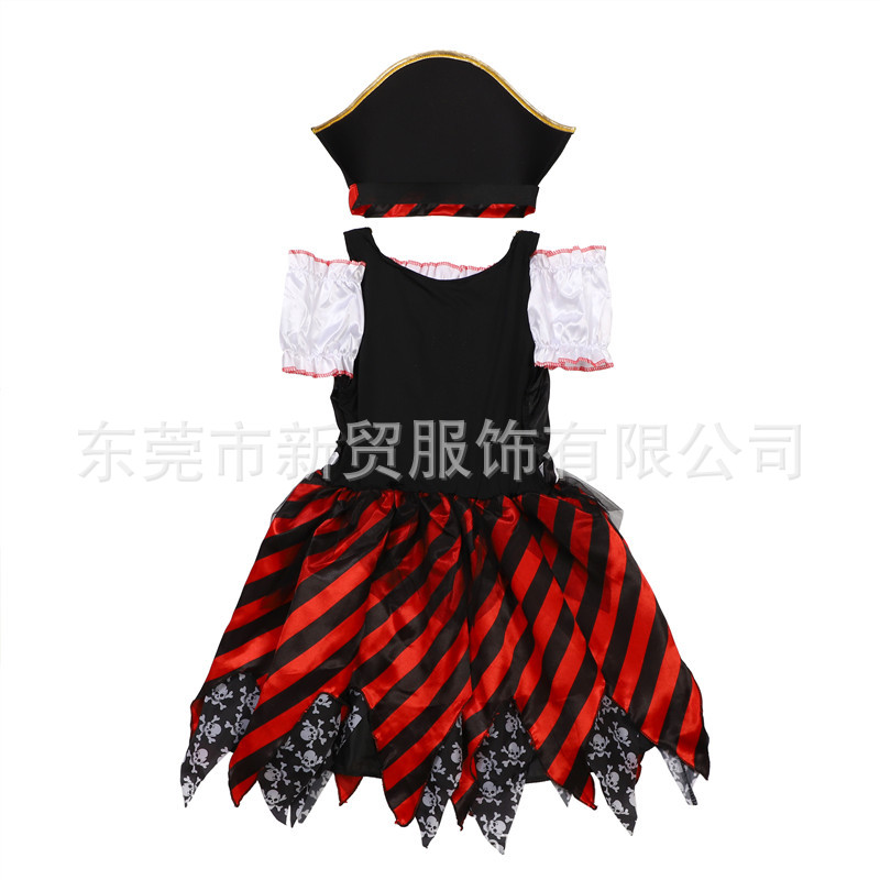 Girls Caribbean Pirates Cosplay Dress Printed Skull Head Stripe Lace Skirt with Pirate Hat Eye Mask