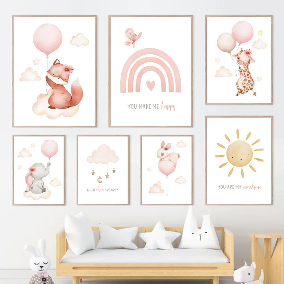Pink cartoon animal watercolor weather rainbow balloon rabbit elephant girl bedroom decorative painting core canvas painting