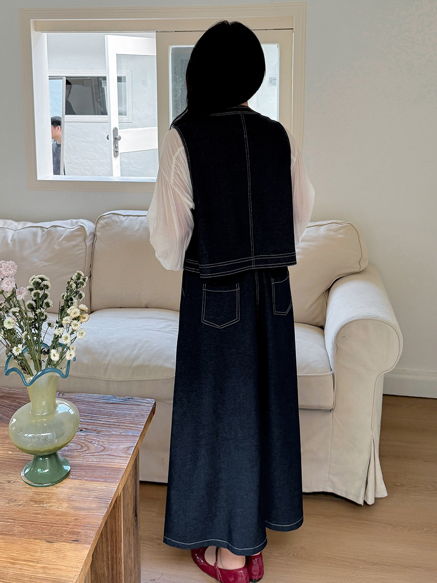 Enoch plus size Women's Wear Japanese Vintage Salt Denim Vest High Waist A Long Skirt suit 132040