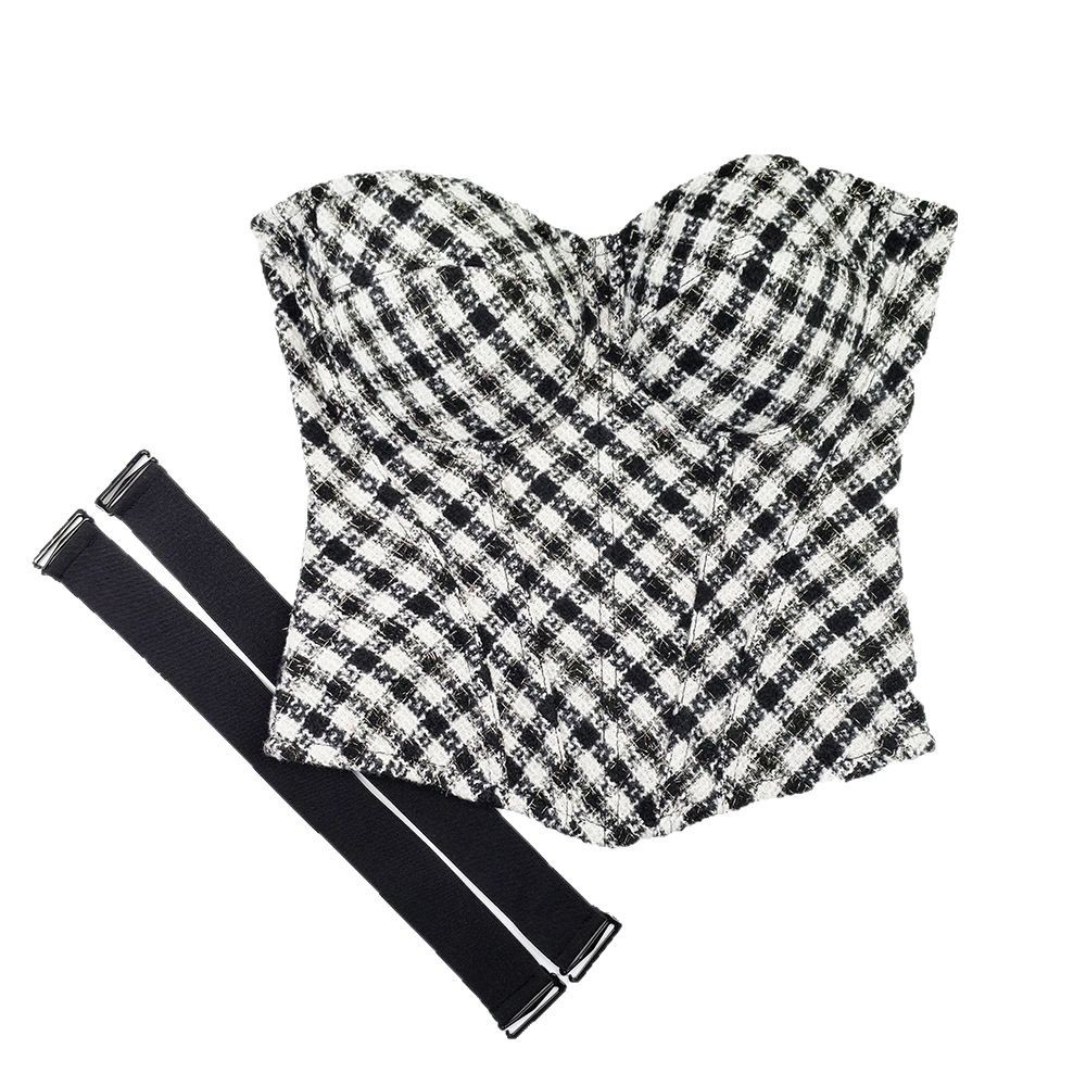 French Design Niche Wide Shoulder Strap Strapless Beautiful Back Zipper Strap Houndstooth Body-Shaping Fishbone Top Outer Wear