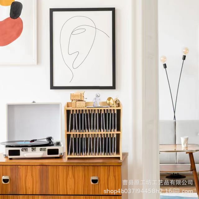 Bamboo Double-Layer Record Box Large-Capacity Cd Album Organizer Desktop Wooden Cd Vinyl Record Display Shelf