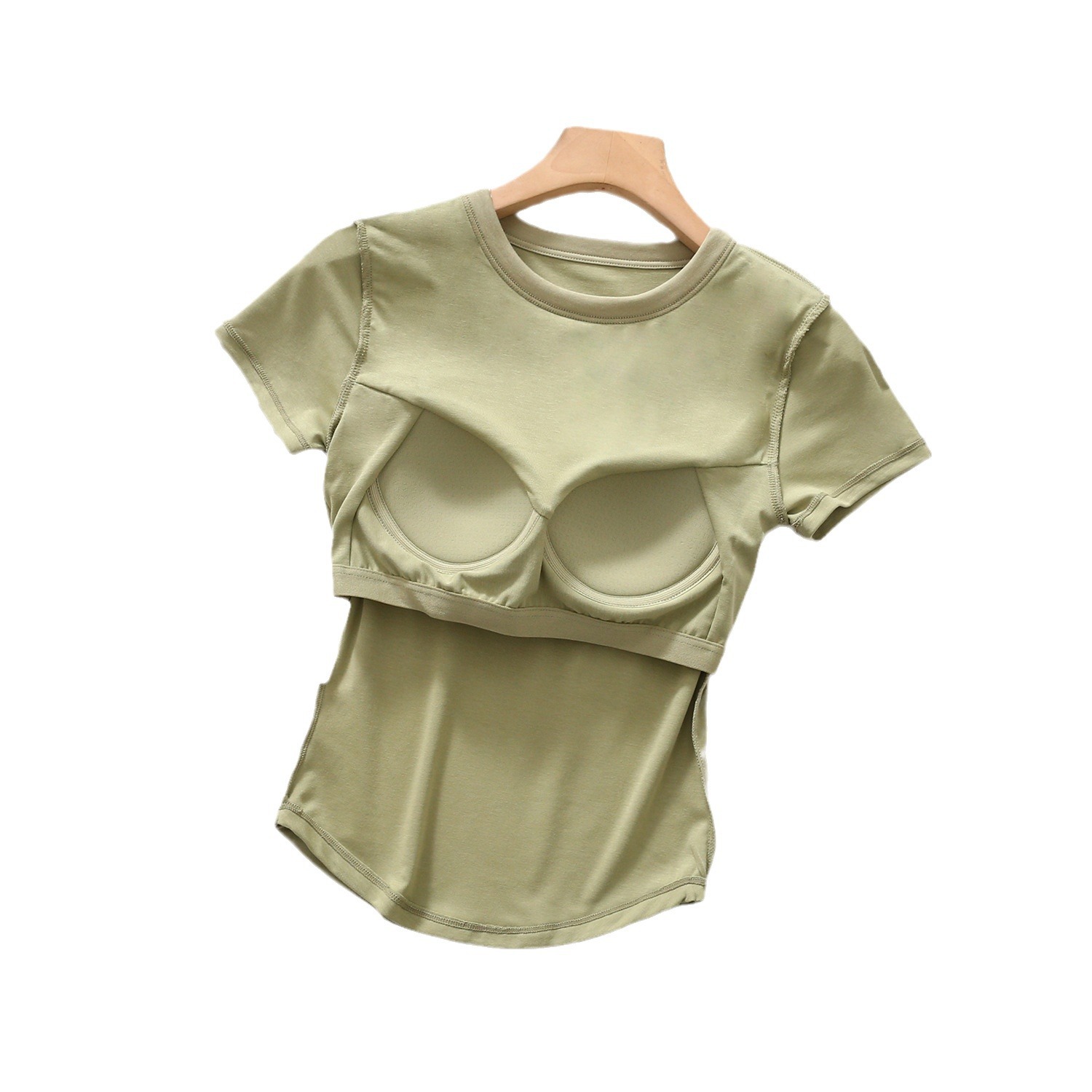Spring and Summer Short Sleeve with Chest Pad Cup One-piece Base Shirt Threaded T-shirt with Pleated Fishtail Inner Wearing Outer Wearing Half Sleeve