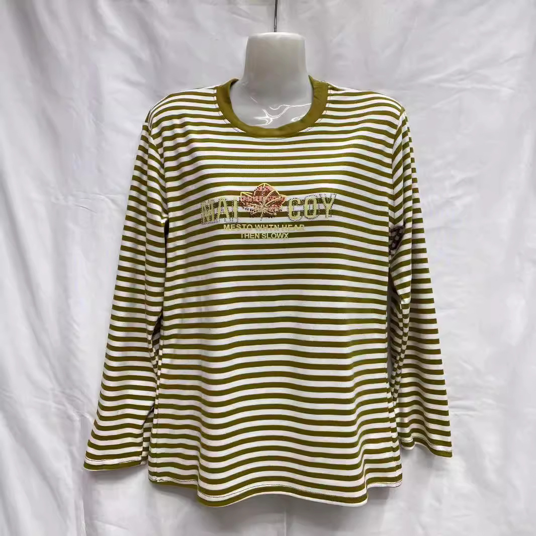 Women's Autumn Thin Stripe Tops Middle-Aged Women's Striped Round Neck Bottoming Shirts Autumn Long Sleeve T-Shirts