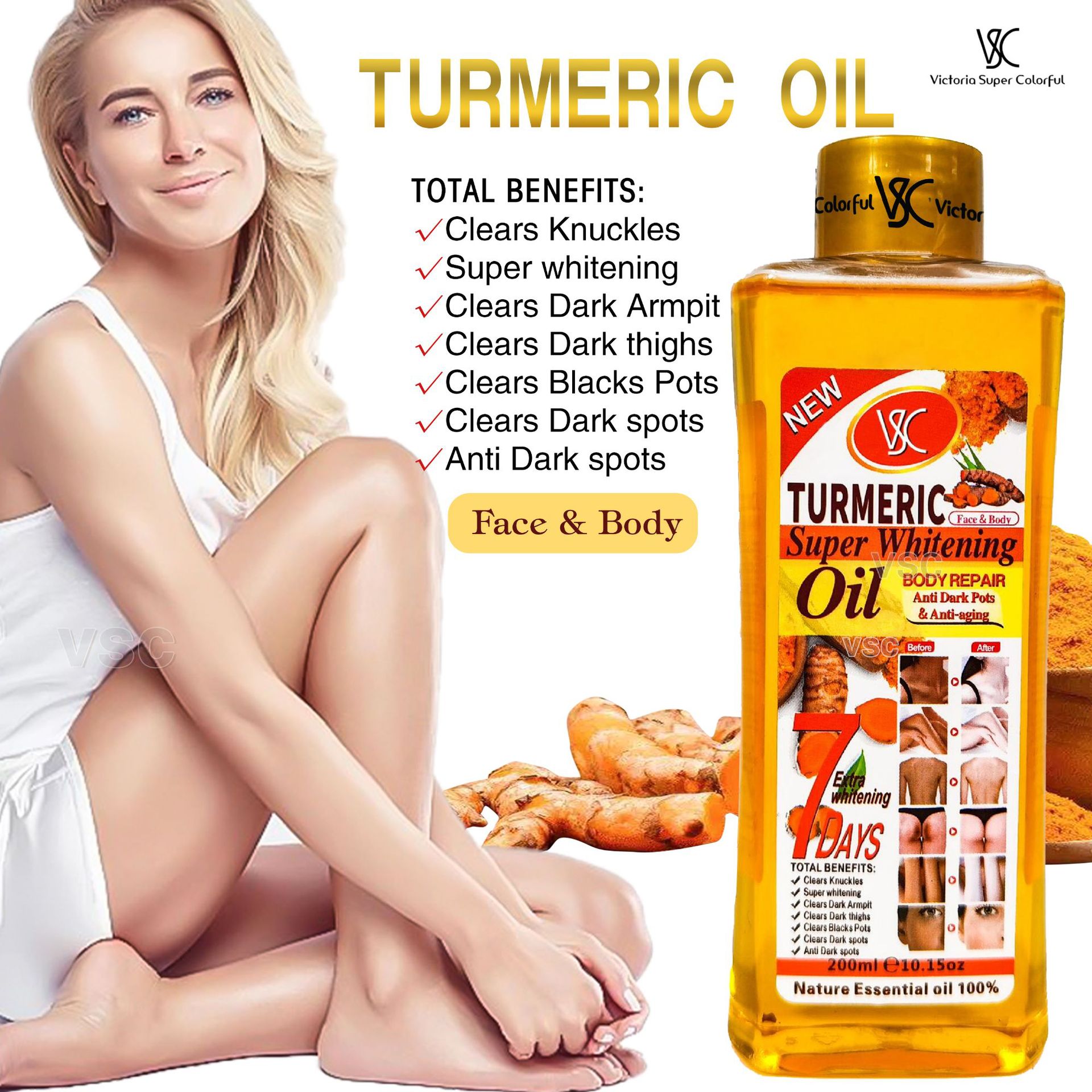 Foreign Trade 7-Day Repair and Brightening Vc Essential Oil Moisturizing Turmeric Essential Oil Whole Body Massage Almond Massage Oil 200ml