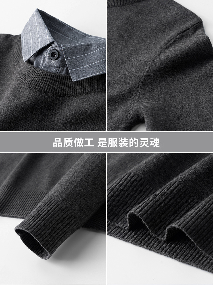 Light Business Men's Knitted Shirt Fake Two-piece Sweater 2024 Fall/Winter Shirt Collar fleece-lined Warm Round Neck Base Sweater