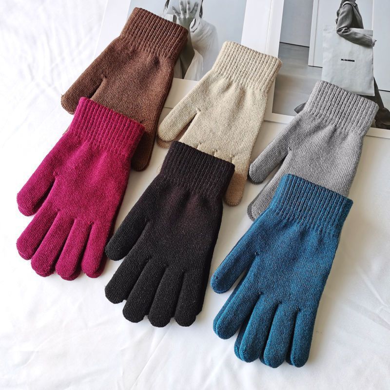 Solid Color Knitted Gloves for Men and Women Autumn and Winter fleece-lined Warm Wool Five-Finger Student Riding Cold-proof Elastic Gloves