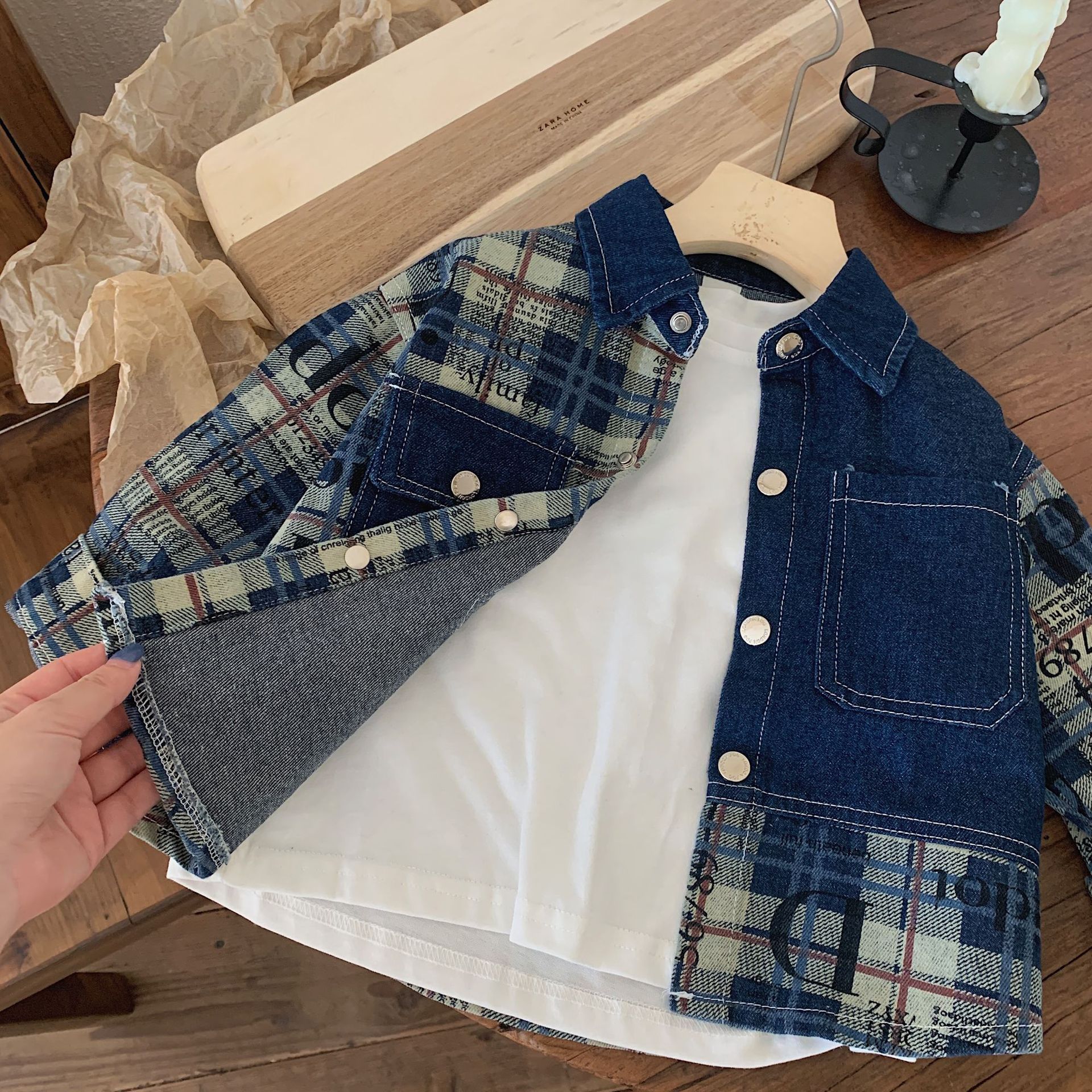 Children's Denim Jacket 2025 Bangcheng Autumn Style Korean Plaid Splicing Denim Shirt for Boys and Middle-Aged Kidsren F0309