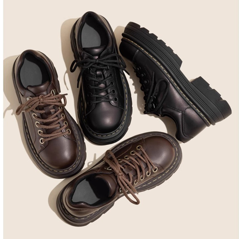 2024 New British Style Lace-up Round-toe All-match Single-layer Shoes Low-heeled Leather Shoes for Women