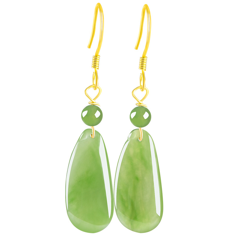 Natural Spinach Green Old Material Hetian Jasper Fugua Earrings Women's genuine goods S925 Silver Jade Earrings