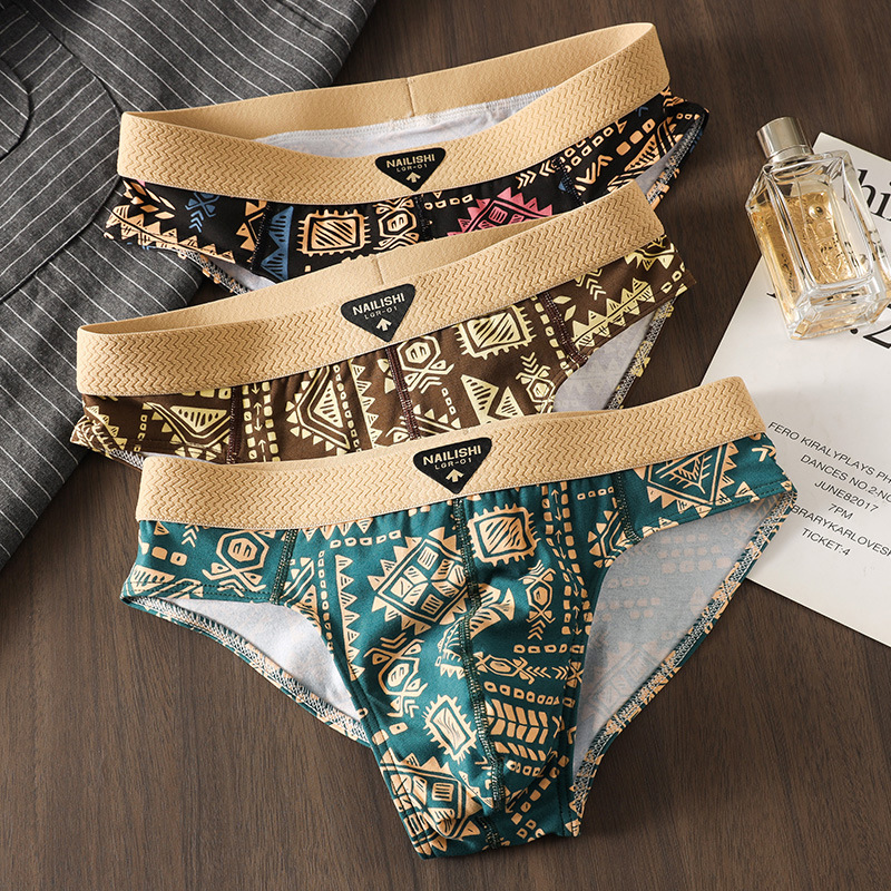 Мужские брифы этнический стиль модные хлопковые дышащие молодежные шорты средней талии