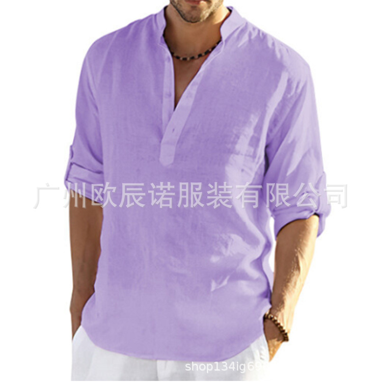 2025 Independent Station Amazon Men's Casual Cotton and Linen Pure Color Long-Sleeved Shirt Loose Stand-Up Collar Shirt Men's Trendy Spot