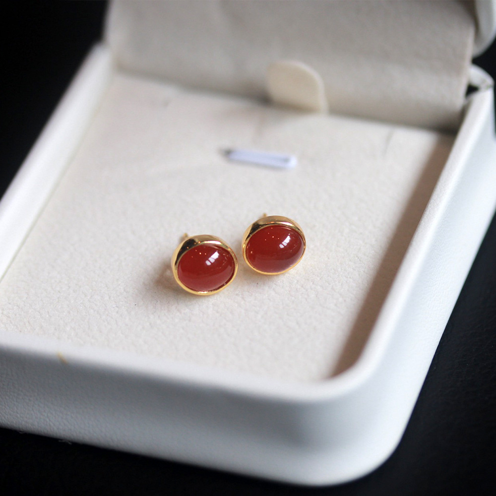New Elegant Natural Translucent Red Southern Red Earrings S925 Gold-Plated High-End Versatile Sweater Simple Earrings Chinese Style