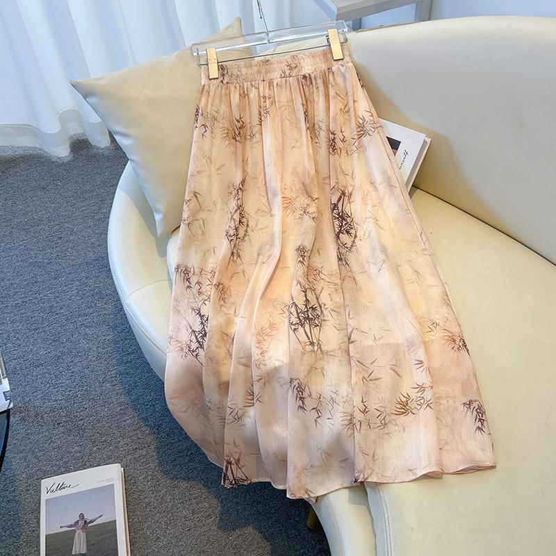 [1711 People Collected] Large Size New Chinoiserie Chinese Style Ink Painting Half-Length Skirt for Women Summer Fat mm High Waist Acetate