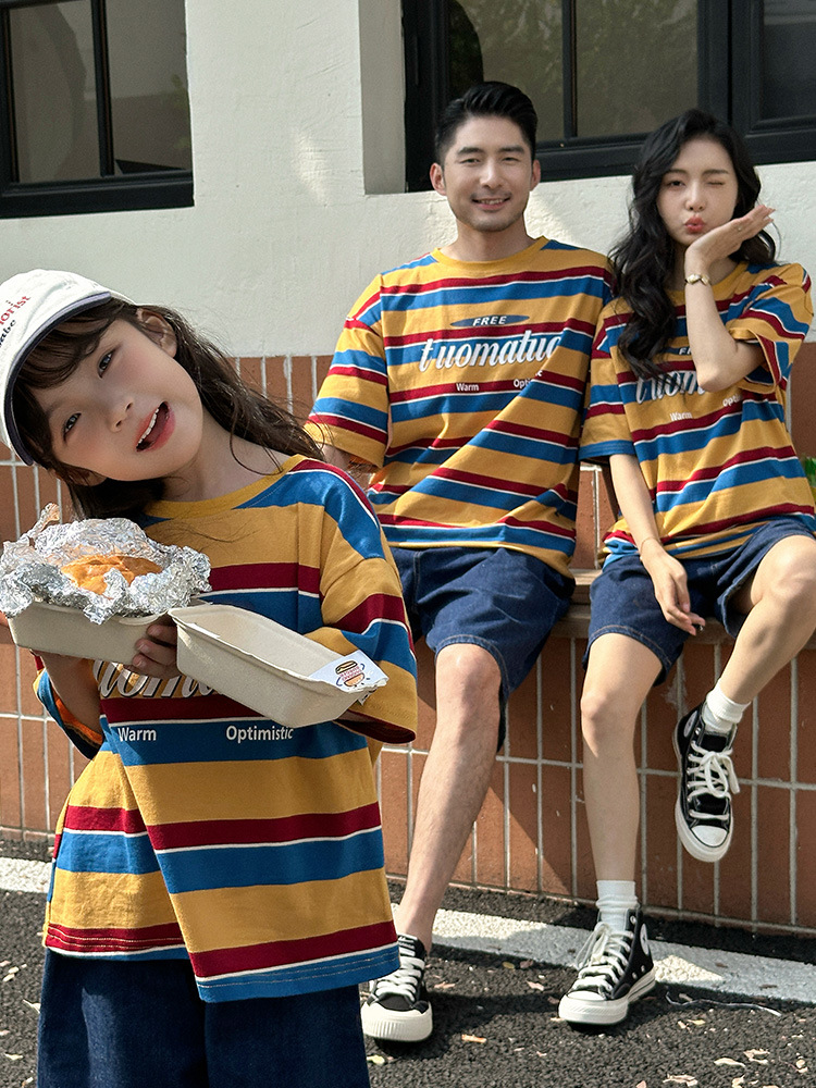Parent-child Dress Loose Striped Contrast T-shirt Casual Western Style Mother-daughter Mother-child Dress Family of Three or Four Family Dress Short Sleeve