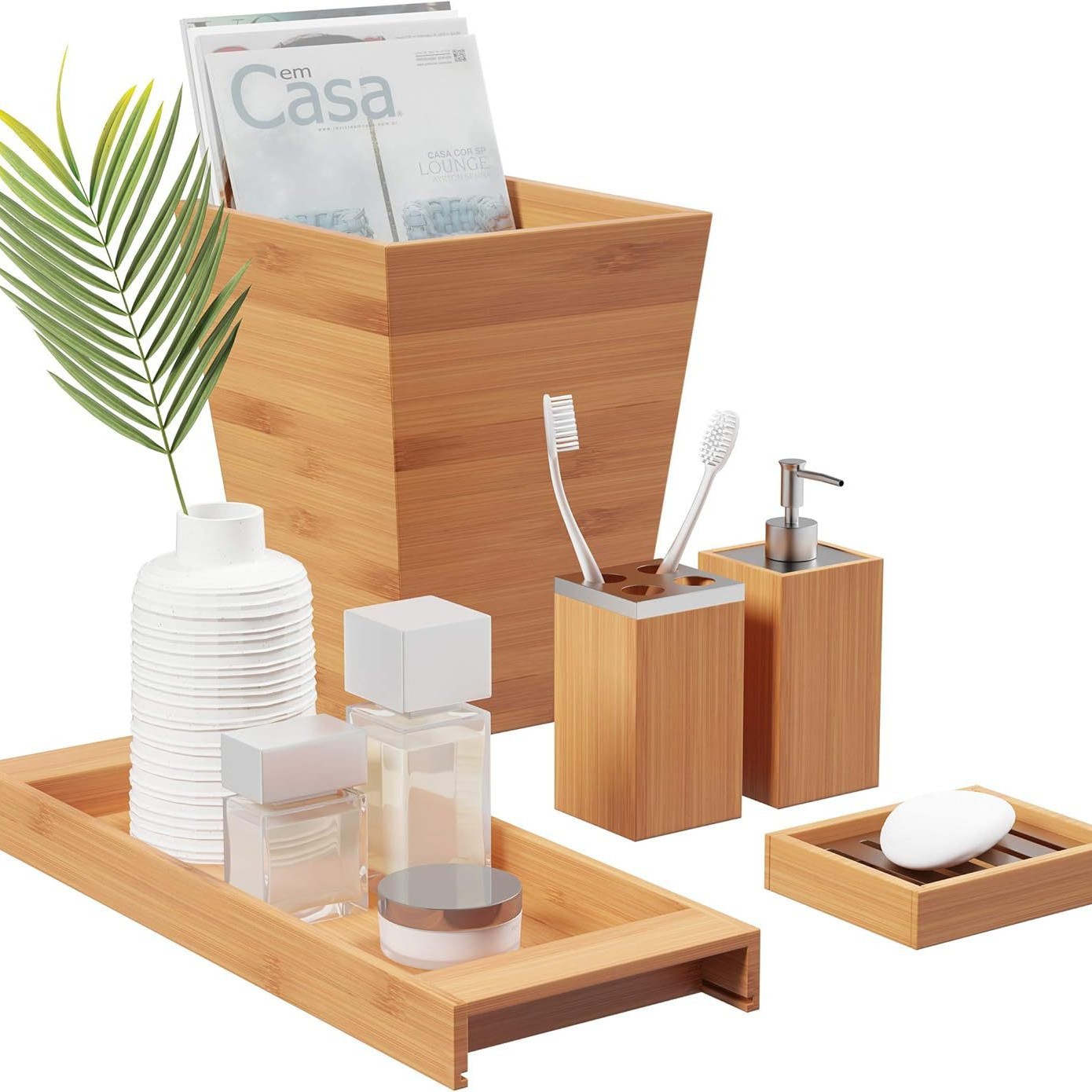 Bamboo Bathroom Toiletries Accessories 5Pcs Set Wooden Tray Lotion Dispenser Bamboo Wood Soap Dish Toothbrush Holder
