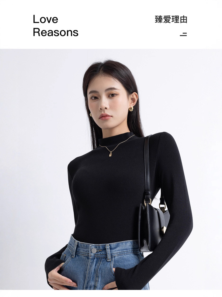 Ribbed Cotton Half-High Collar T-Shirt for Women, Solid Color, Stretchy, Long and Short Sleeve Options, Slim Fit, Base Layer Top, Autumn Top