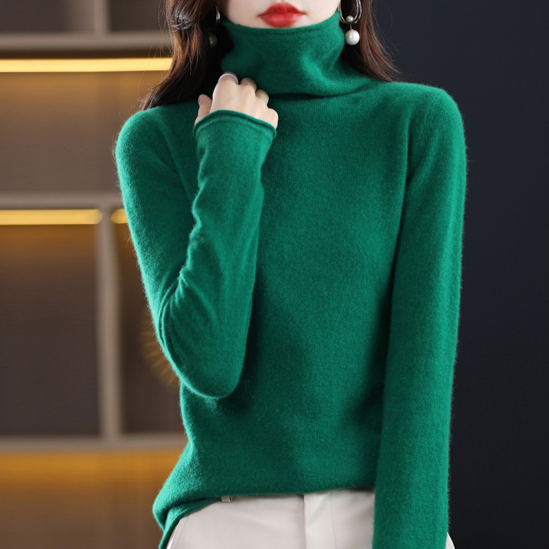 Women's 100% Pure Wool Sweater with a Stacked Collar, Stylish Autumn and Winter Knit Pullover Cashmere Base Sweater