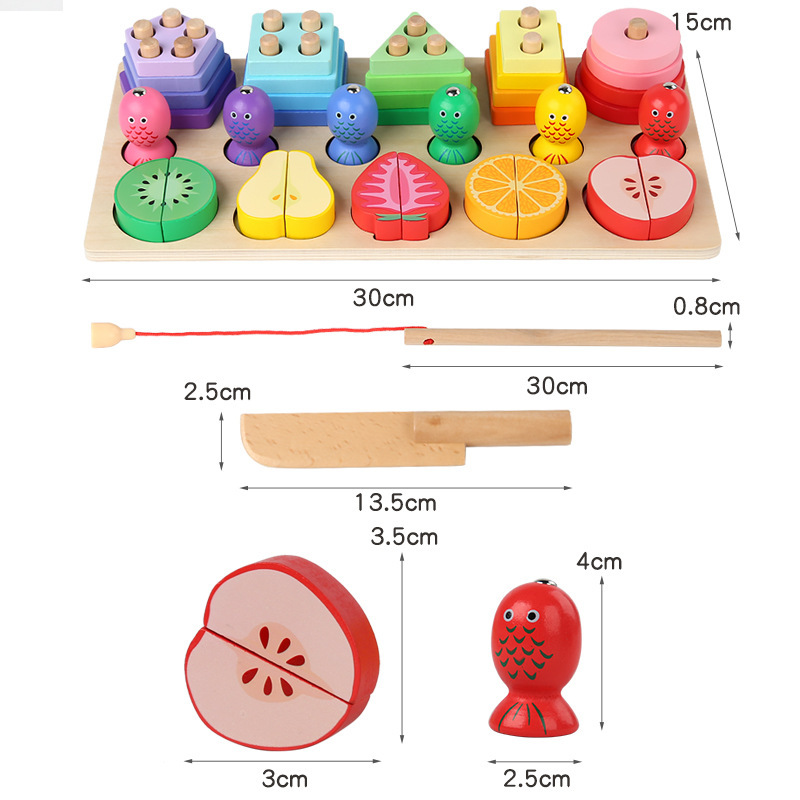 Children's early education three-in-one logarithmic plate geometry five sets of column matching magnetic fishing baby educational wooden toys