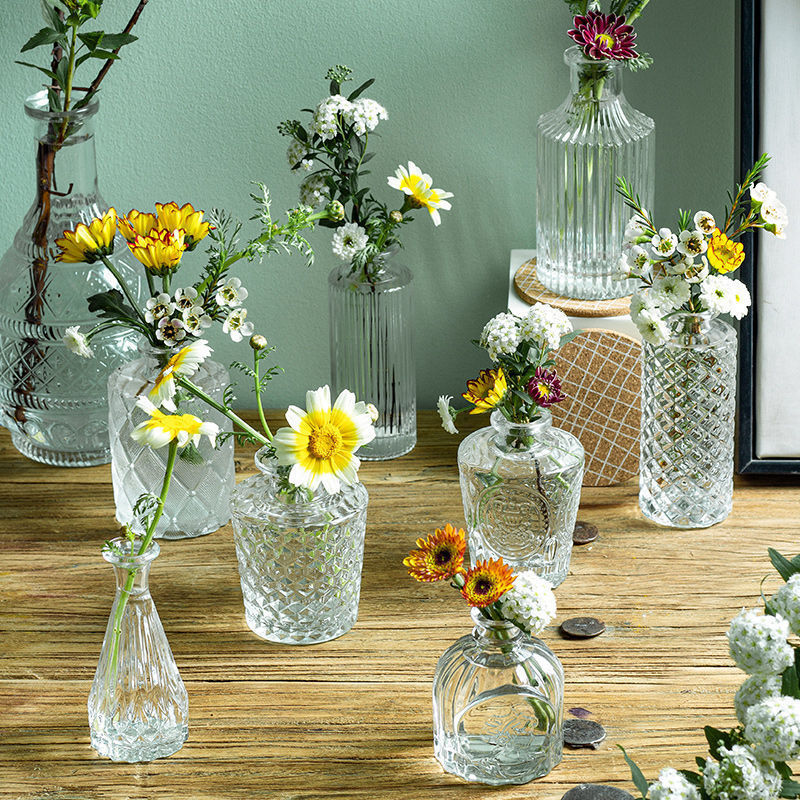 Glass Bottle Mini Small Vase Ins Style Desktop French Style Flower arrangement Light Luxury Embossed Small Transparent Small Caliber