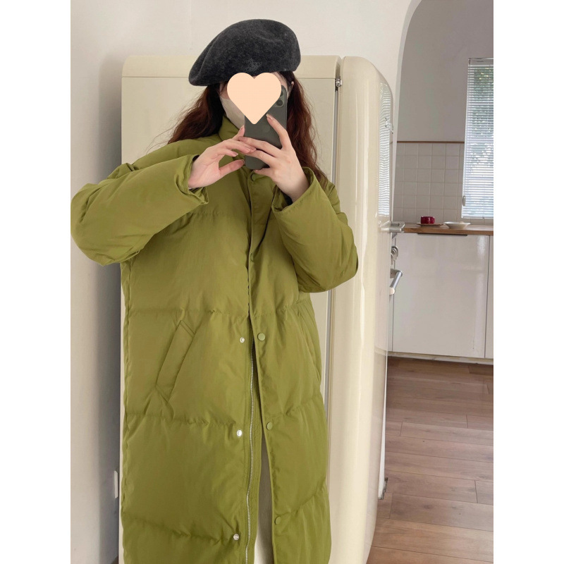 Зеленая куртка для женщин, средней длины, новая корейская модель 2024, свободный стиль, вертикальный воротник, белый утиный пух
