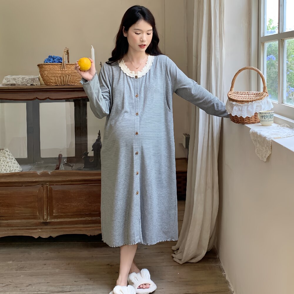 in stock 88155 Four Seasons Nightdress with Chest Pad Long Sleeve Loose Mid-length Pregnant Women's Home Dress