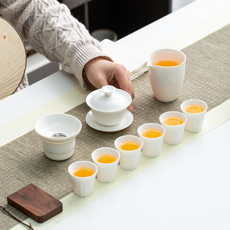 Jadeite Tea Set Dehua White Porcelain Kung Fu Tea Set Covered Bowl Gift Box Business Souvenir Printable Logo